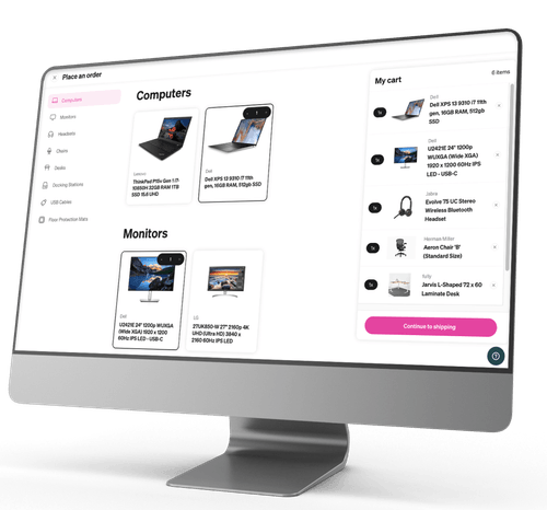 Employee self-service ordering experience with cart on a desktop display